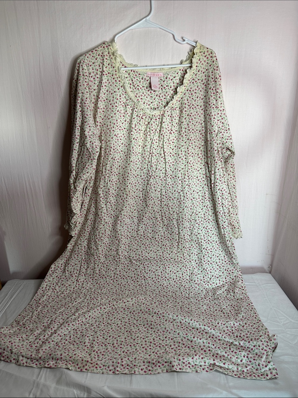 Women's Cream Floral Long Sleeve Nightgown with Pink Print